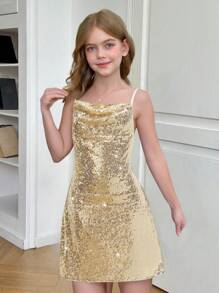 Fashionable Tween Girl Street Style Sequins Embroidered Strap Gold Contrast Sequin Dress, Perfect For Valentine's Day - Apricot - View 6