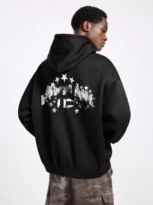 NEON BLANC Men's Streetwear Black Printed Hooded Long Sleeve Knit Sweatshirt, For Fall Winter