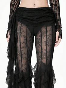 ROMWE Goth 情人节春夏透明性感蕾丝不对称腰带喇叭下摆弹力女式休闲裤