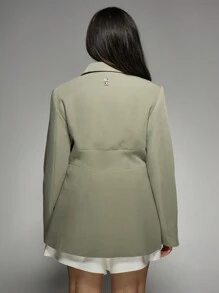 MISSGUIDED PLUS Designer Plus Size Cinched Waist Blazer Professional Office Wear Double-Breasted Long Sleeve Tailored Suit Jacket Modern Business Formal Outerwear With Lapel Collar Fall Winter - Green - View 2