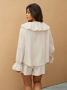 Elaquor Plus Size Solid Color Ruffle Trim Long Sleeve Blouse & Shorts 2pcs Set, Vacation Casual - Apricot - View 6