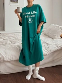 DAZY 字母印花短袖宽松女式休闲睡衣连衣裙 - 綠色 - 查看 4