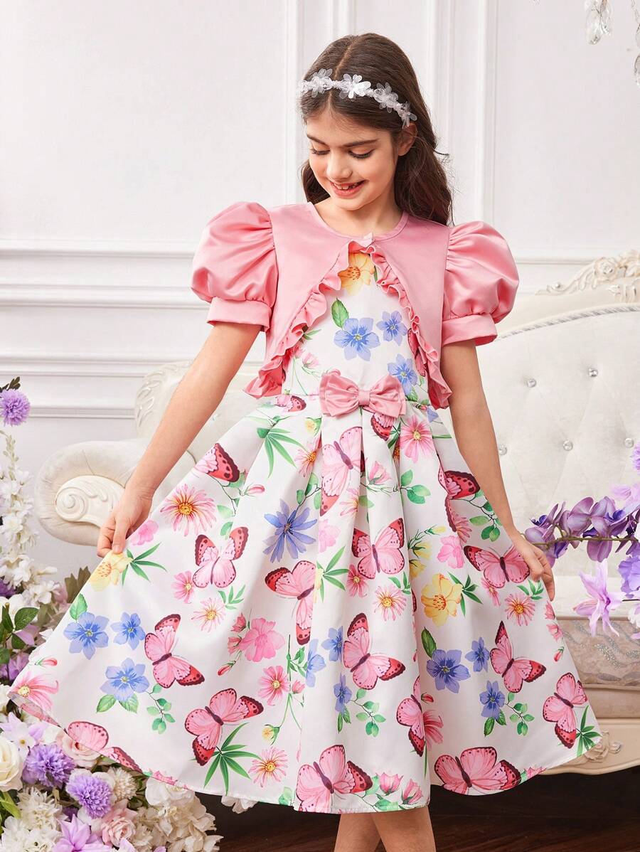 SHEIN 女童粉色花朵和蝴蝶装饰圆领束腰连衣裙和荷叶边袖短款夹克两件套