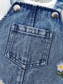 SHEIN 2pcs Baby Girls White Ribbed Top + Blue Jean Embroidered Suspender Dress With Pockets, Suitable For Outdoor