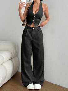 Flirla Petite 2 件套：吊带背心和直腿休闲裤 - 黑色 - 查看 5