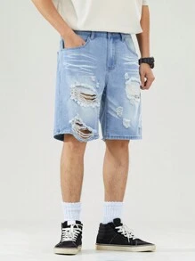 Manfinity Hypemode Men's Loose Casual Bermuda Distressed Denim Shorts With Pockets