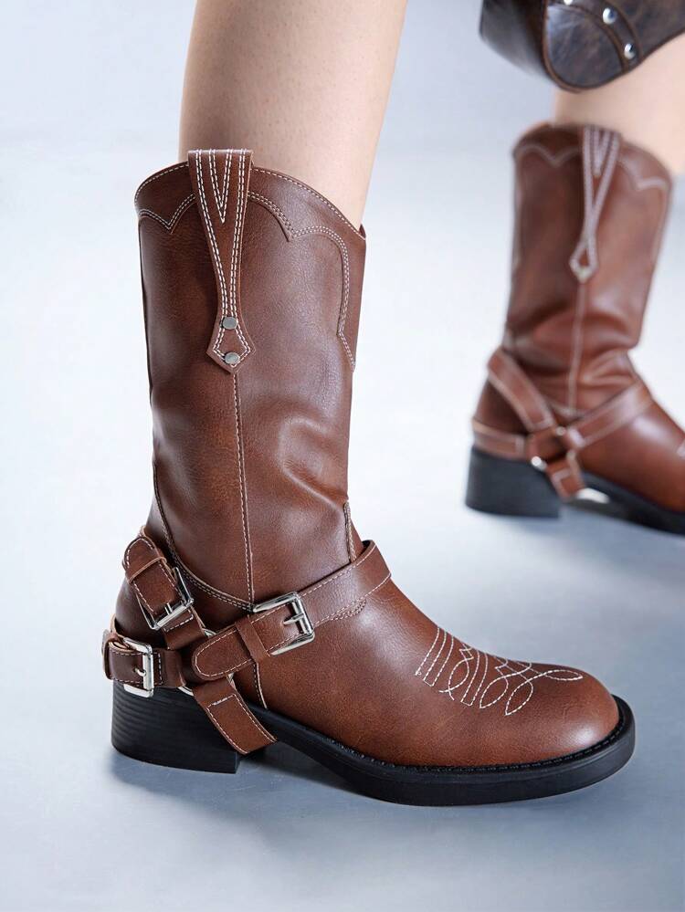 CUCCOO GRLICON Women's Mid-Calf Boots, Y2K Style, Punk Rock, Biker, Cool Girl Outfit, Suitable For Halloween, Christmas, Party