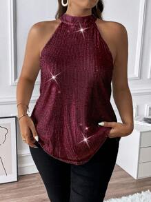 Allurite Plus Size Women Shiny Sequin Halter Neck Camisole