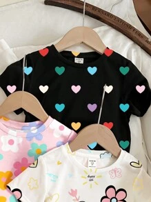 SHEIN 3 件套女婴休闲简约卡通心形与花朵图案圆领短袖 T 恤，适合春夏季 - 彩色 - 查看 5