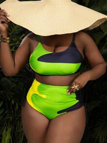 SHEIN Swim Curve 2 piezas Bikini dividido ajustable con estampado de talla grande, ropa casual de playa de verano con cordón