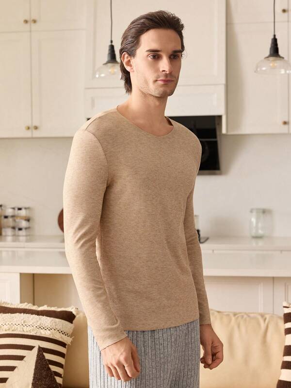 Top de base ajusté col rond manches longues couleur unie pour hommes