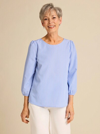 SHEIN LUNE Women's Striped Crew Neck Puff Long Sleeve Casual Blouse, Spring Clothes For Going Out