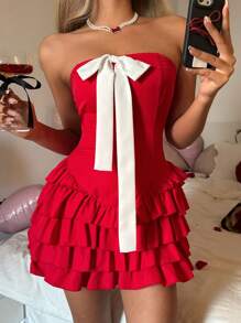 SHEIN EZwear 红色情人节多层荷叶边迷你吊带连衣裙 - 紅色 - 查看 6