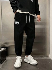 RueChic Men Letter Embriodery Patched Detailed Regular Sweatpants - Black - View 1