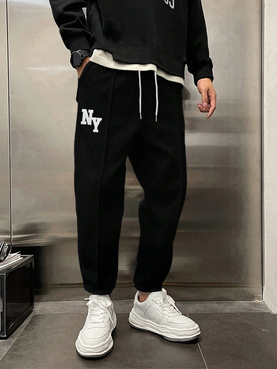 RueChic Men Letter Embriodery Patched Detailed Regular Sweatpants - Black - View 1