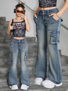 SHEIN Jeans acampanados de carga de unicolor estilo retro Y2K para adolescentes, estilo callejero de otoño para volver a la escuela para niñas - Azul lavado medio - Ver 1
