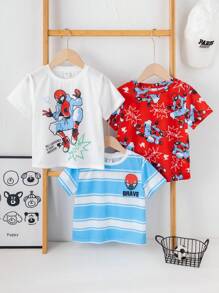 SHEIN Compra dos y llévate gratis. Camisa de punto de manga corta con cuello redondo suave y cómoda, de estilo casual y sencillo, práctica y versátil, adecuada para uso diario, la escuela, los viajes y los deportes, en primavera y verano, para niños pequeños.