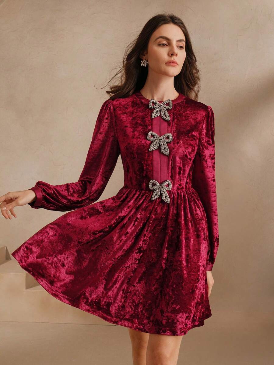 Anewsta Green Velvet Dress, Autumn Waisted - Hot Pink - View 1