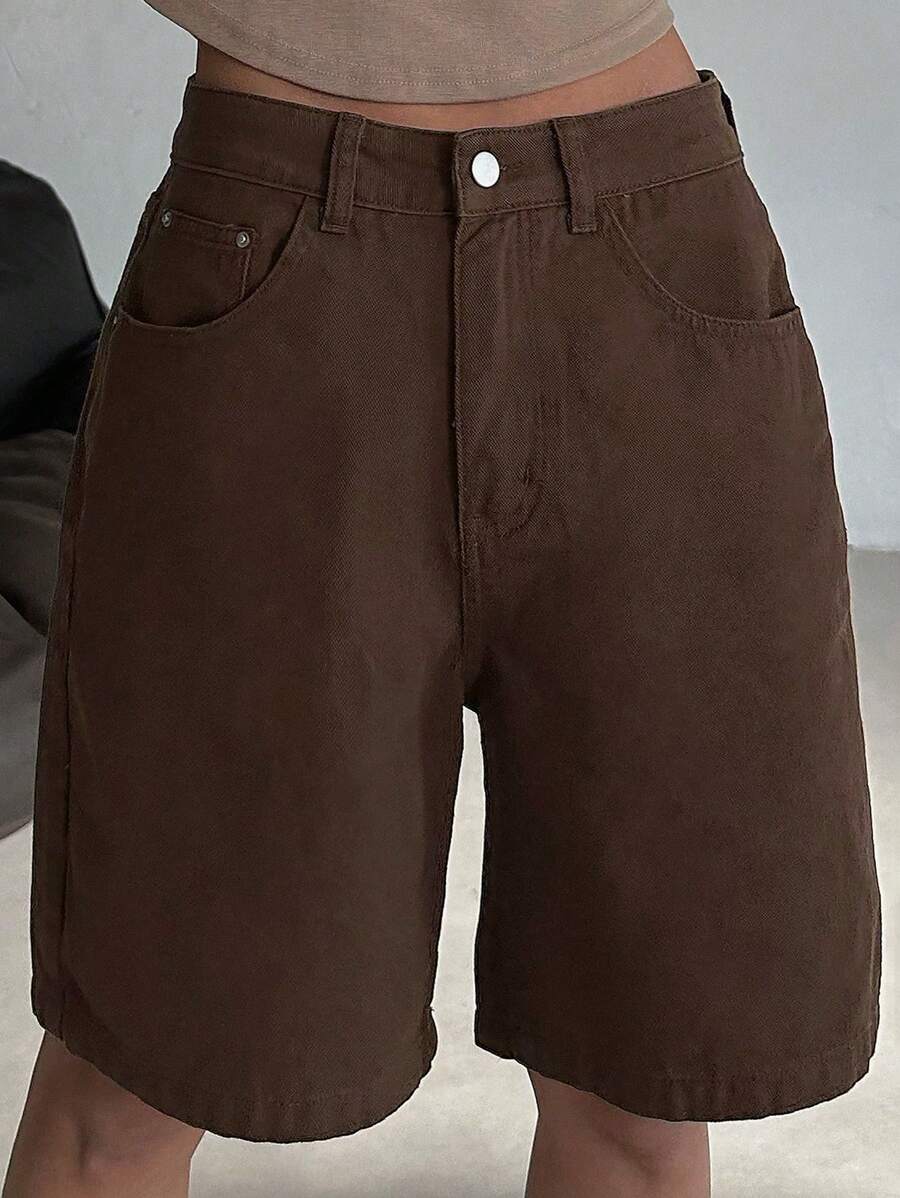 DAZY Quần short denim dáng rộng thoải mái mùa hè mới, quần short 5 điểm dáng suông thoải mái dành cho nữ. - màu nâu - Xem 1