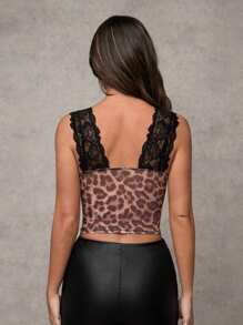 SHEIN BAE Women Lace And Leopard Print Camisole Glamorous Lingerie, Stretchy Knit Lace Patchwork Women Fashion Top - Khaki - View 2