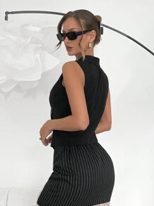 SHEIN Essnce Camicetta casual da donna con laccio frontale, senza maniche, in colore nero tinta unita, senza maniche, casual, adatta a vacanze, feste di Capodanno, Natale e stile Y2K - nero - Visualizzare 11