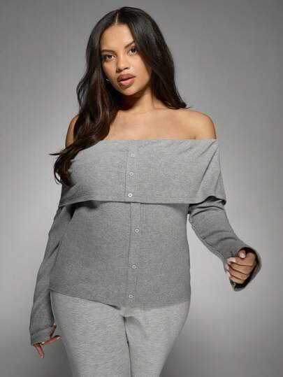 MISSGUIDED MISSGUIDED PLUS Blusa informal de punto con hombros descubiertos, cierre con botones, manga larga, ideal para usar en casa durante el otoño e invierno. Cuello vuelto, elástica y cómoda, tallas grandes