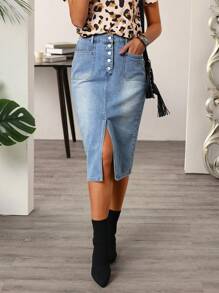 SHEIN LUNE Women's Front Button Pocket Split Hem Simple Casual Denim Skirt - Blue - View 3