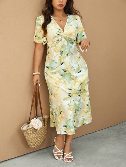 Elaquor Vestido de verano casual y elegante de talla grande con escote en V para vacaciones