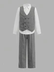 SHEIN Leap Crew 2pcs Tween Boy Preppy Casual Versatile Vest And Elastic Waist Pants Set, Gentleman Style Outfit Suitable For Autumn, Spring, Summer, Outdoor Play, School, Street Style, Party And Casual Home Wear - Dark Grey - View 6