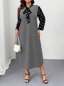 SHEIN Clasi Vestido casual suelto de mujer talla grande con estampado de lunares y cuello con lazo a rayas