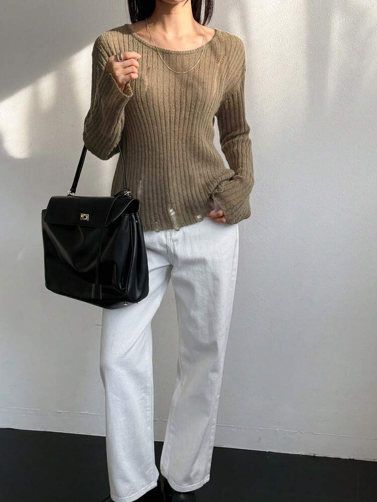 1pc Women's Solid Color Personalized Knitted Sweater,Fall Clothes Business Casual Woman Work Clothes