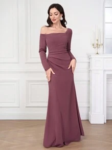 Coutiva 1 stuk dames asymmetrische hals lange mouwen gerimpelde lange feestjurk, mode banket feest oudejaarsavond festival socialite elegante jurk, bruiloft gast jurk, formele jurk, avondjurk