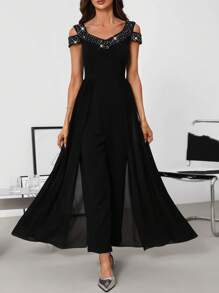 SHEIN Clasi Plus Size Elegant V-Neck Off Shoulder Studded Flowing Mesh Jumpsuit