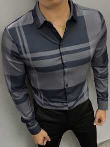 Manfinity Homme 男士休闲条纹单排扣长袖衬衫，秋季 - 彩色 - 查看 1