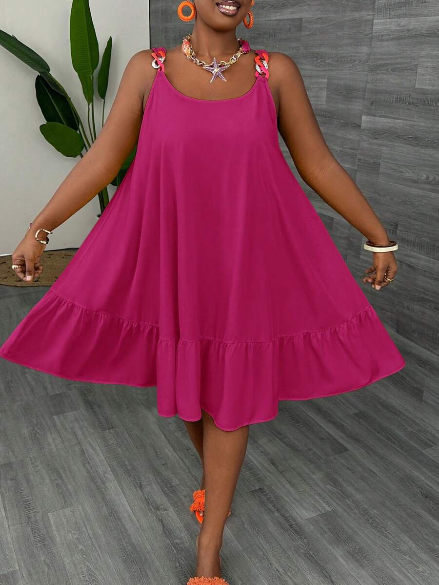 Slaydiva Casual V-Neck Solid Color Chain Strap A-Line Summer Dress - Violet Purple - View 1