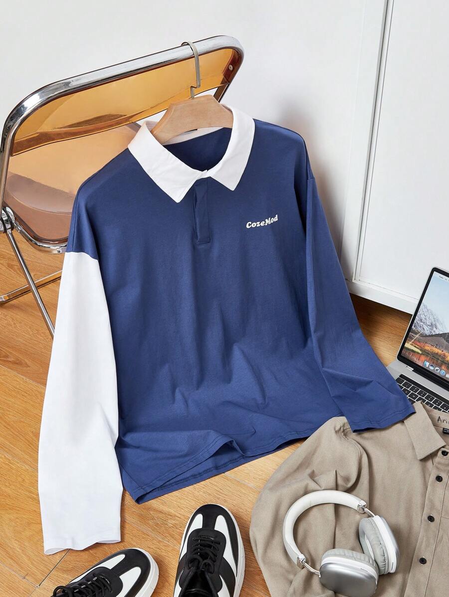 Manfinity VCAY Plus Size Men's Loose Knit Blue & White Long Sleeve Polo Shirt, Casual - Multicolor - View 1