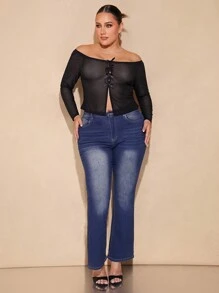 SHEIN BAE Plus Size Women Black Bow Decor Long Sleeve Semi-Sheer Shoulder Top, Suitable For Valentine's Day, Office, Spring, Summer, Easter, Carnival, Women's Tops - Black - View 2