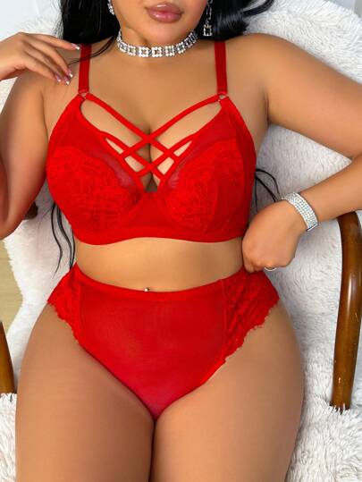 Seduluxe 2pcs Plus Size Full-Cup Lingerie Bra & Panty Set With Underwire, Romantic & Simple, Lace Panel Detail & Criss-Cross Strap, Comfortable Everyday Wear For Valentine's Day, Lift