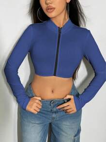 VaVaBold Top corto de manga larga con cremallera delantera, modelo de alta para mujeres - azul real - Ver 5