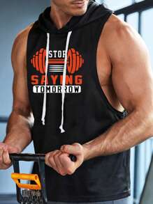Manfinity Fitness Áo ba lỗ thể thao có mũ trùm đầu in khẩu hiệu Boyfriend Style dành cho nam, áo tập luyện - màu đen - Xem 3
