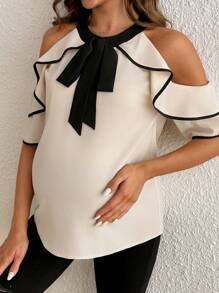 SHEIN Pregnant Women's Summer Elegant Contrast Color Ruffle Tie Neck Ruffle Hem Maternity Blouse - Apricot - View 3