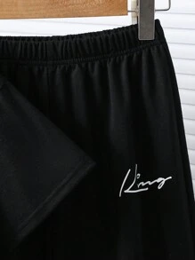 SHEIN Tween Boy 2 件套宽松字母图案圆领短袖 T 恤和松紧腰裤套装，休闲套装适合通勤、上学、日常休闲、运动、春夏 - 灰色 - 查看 3