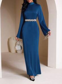 Veilorie Vestido maxi árabe modesto de mujer, de unicolor, cuello alto, manga larga y ajustado