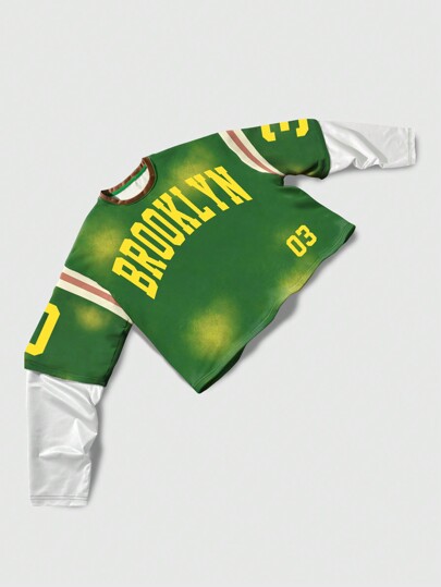 Prep Men Washed Contrast Color Round Neck Letter & Stripe Print Long Sleeve Casual T-Shirt