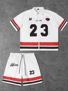 PAVTROS Manfinity Streetrush Manfinity EMRG Men's Digit Stripe Zip-Front Shirt And Shorts Set,Men Two Pieces Outfits, 2 Pieces Set, Men Two Pieces Set, Men Two Pieces Sets, Men 2 Pieces - White - View 3