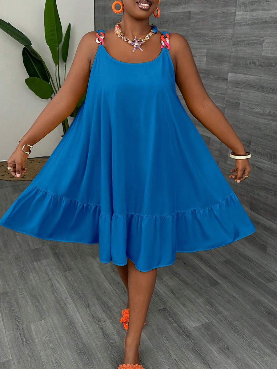 Slaydiva Plus Size Wide Strap Color Blocking Pleated Hem Minimalist Short Dress - Royal Blue - View 1