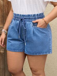 SHEIN LUNE Plus Size Front Tie Pocket Casual Denim Shorts, Daily Wear - Medium Wash - View 2