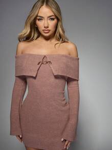 MISSGUIDED Off-shoulder geribbelde mini-jurk met gouden schakeldetail, feest, cocktail, avond, clubkleding, herfst, winter, bodycon, lange mouwen