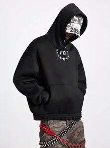 NEON BLANC Men's Streetwear Black Printed Hooded Long Sleeve Knit Sweatshirt, For Fall Winter