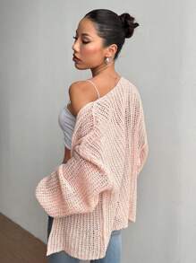 SHEIN Unity Knitted Shawl Casual Loose Holiday Outwear Cardigan - Pink - View 4